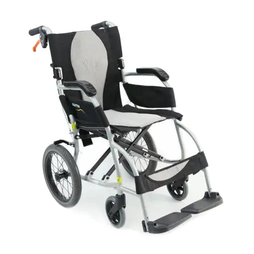 Karman Healthcare Ergo Lite 16" | 18" seat Ultra Lightweight Ergonomic Transport Wheelchair with Companion Hill Brakes in Silver