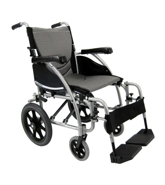 Karman Healthcare S-Ergo 115 16", 18", and 20" seat Ergonomic Transport Wheelchair with Swing Away Footrest in Silver